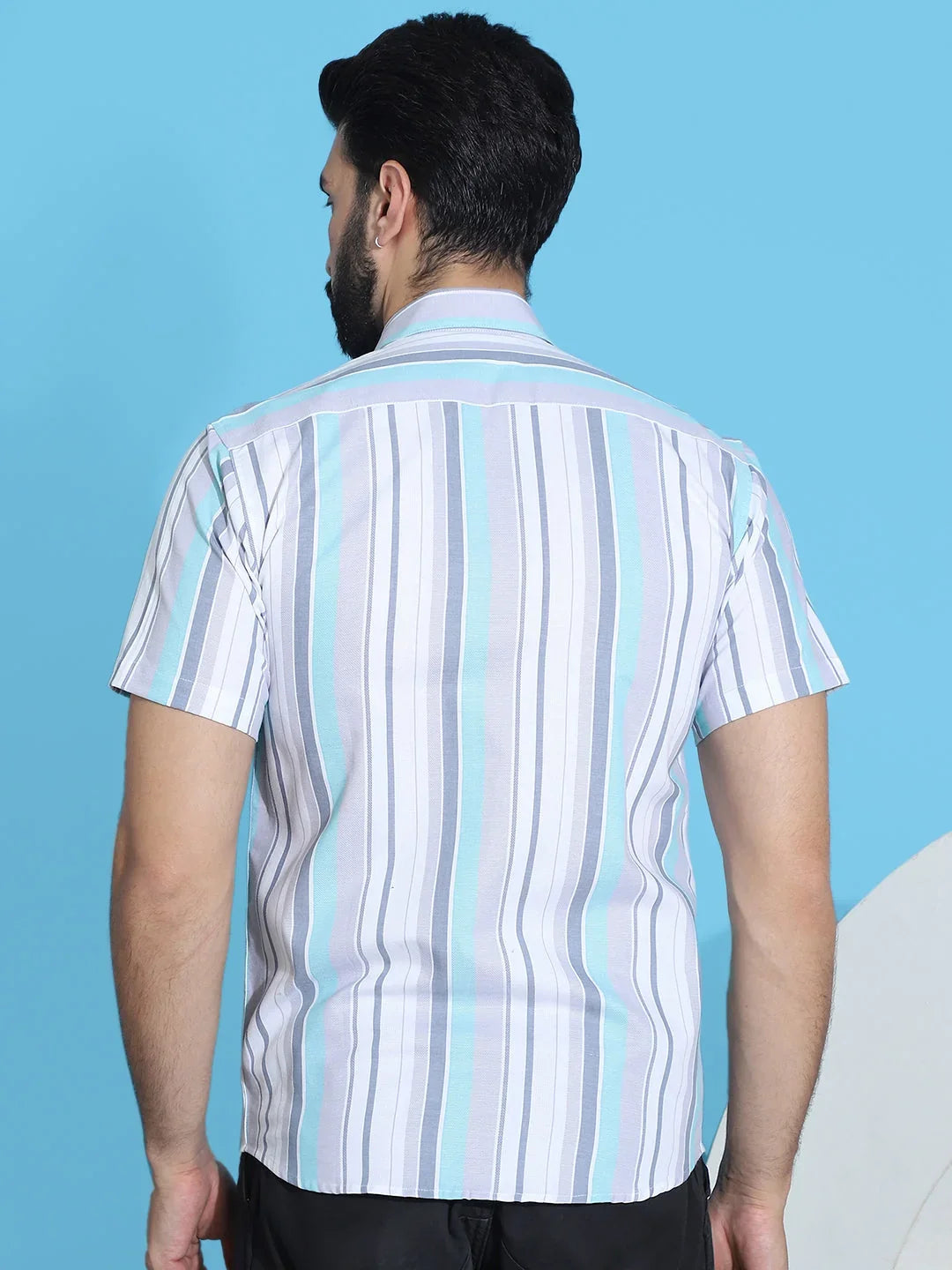 Striped Half Sleeve Cotton Lycra Shirt for Men-SF-952Grey