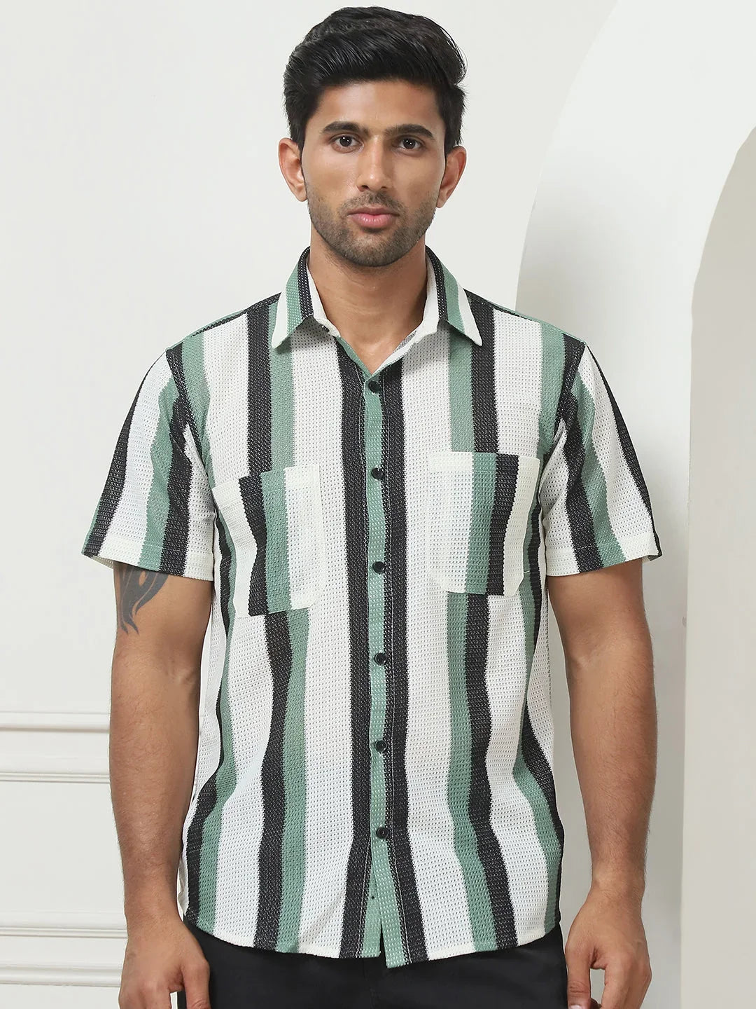 Striped Regular Fit Casual Shirt For Men-SF-953Green