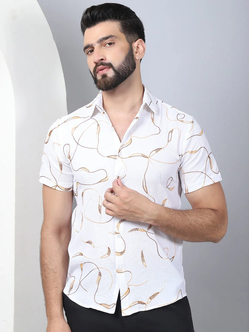 Men's Embroidered Cotton Casual Shirt-SF-960White