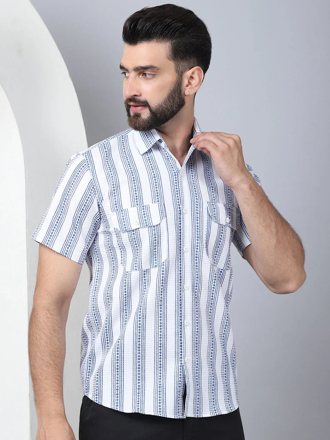 Men's Floral Printed Cotton Casual Shirt-SF-961Blue