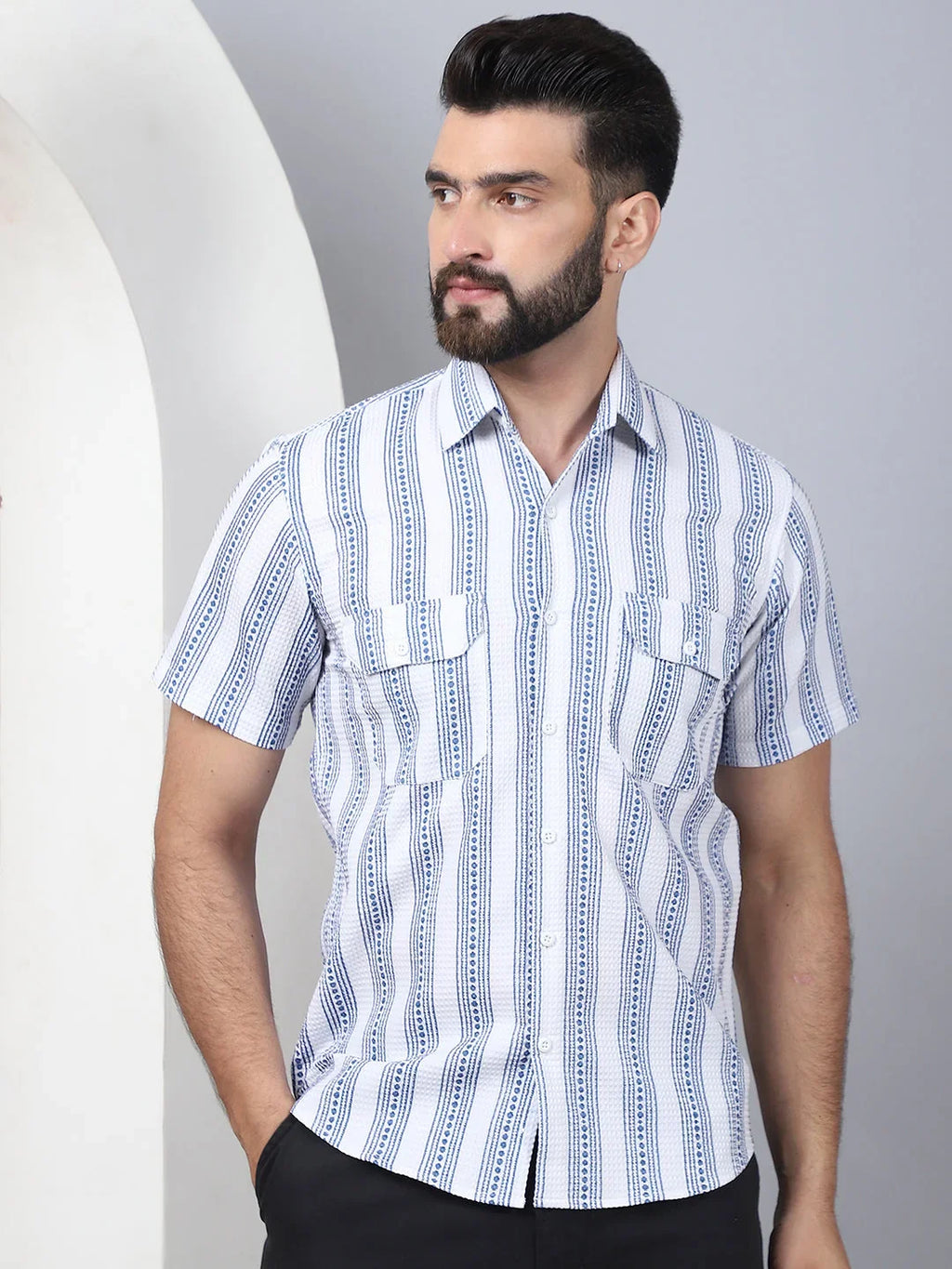 Men's Floral Printed Cotton Casual Shirt-SF-961Blue