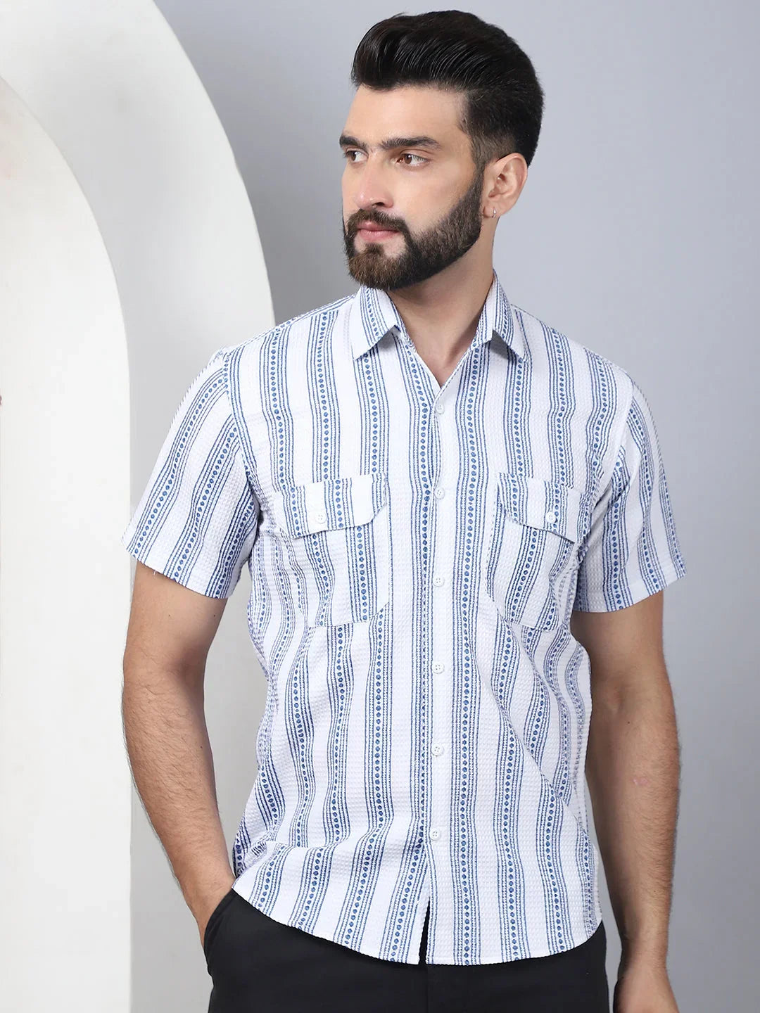 Men's Floral Printed Cotton Casual Shirt-SF-961Blue