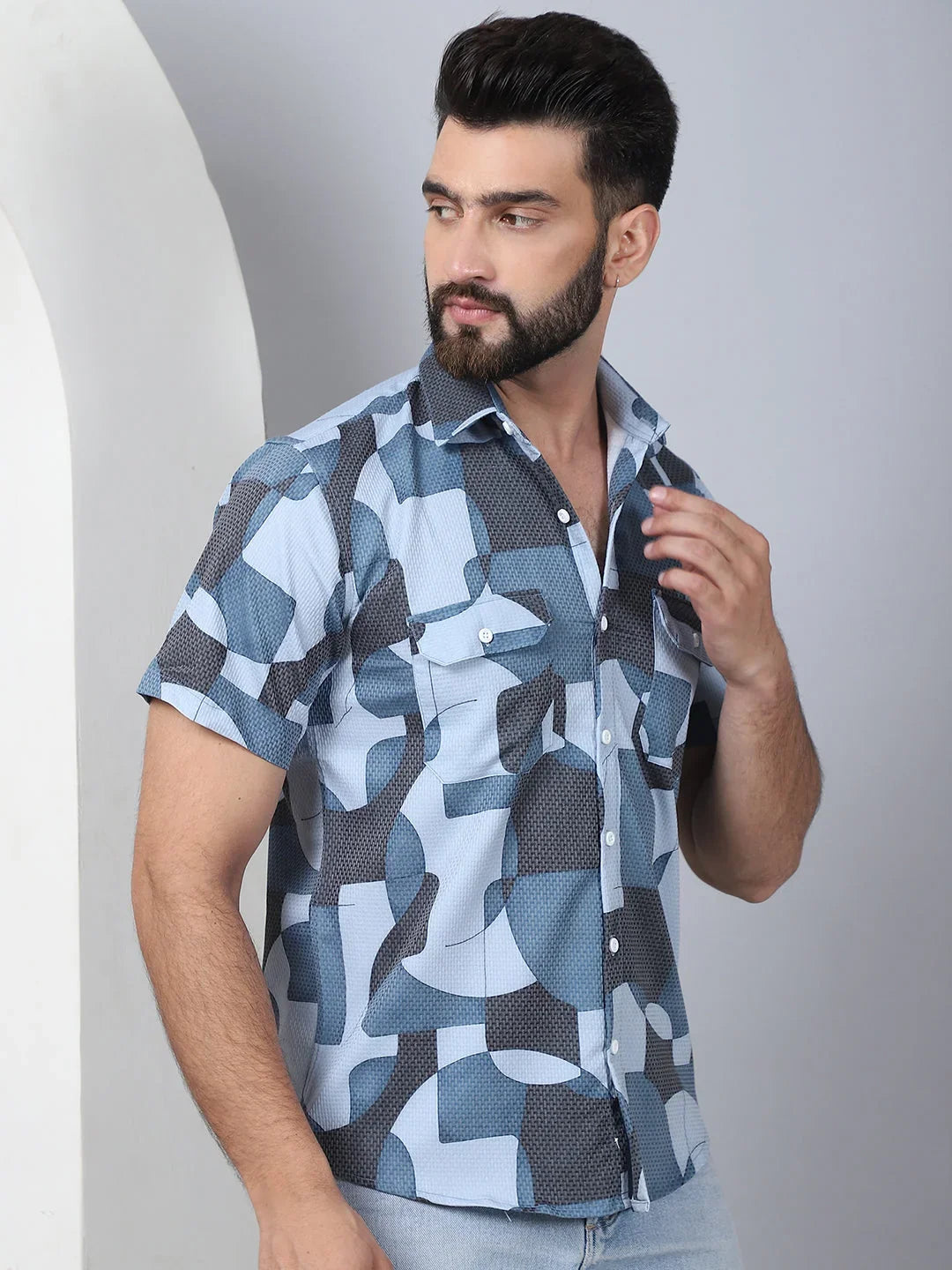 Men's Geometric Printed Cotton Casual Shirt-SF-961Grey