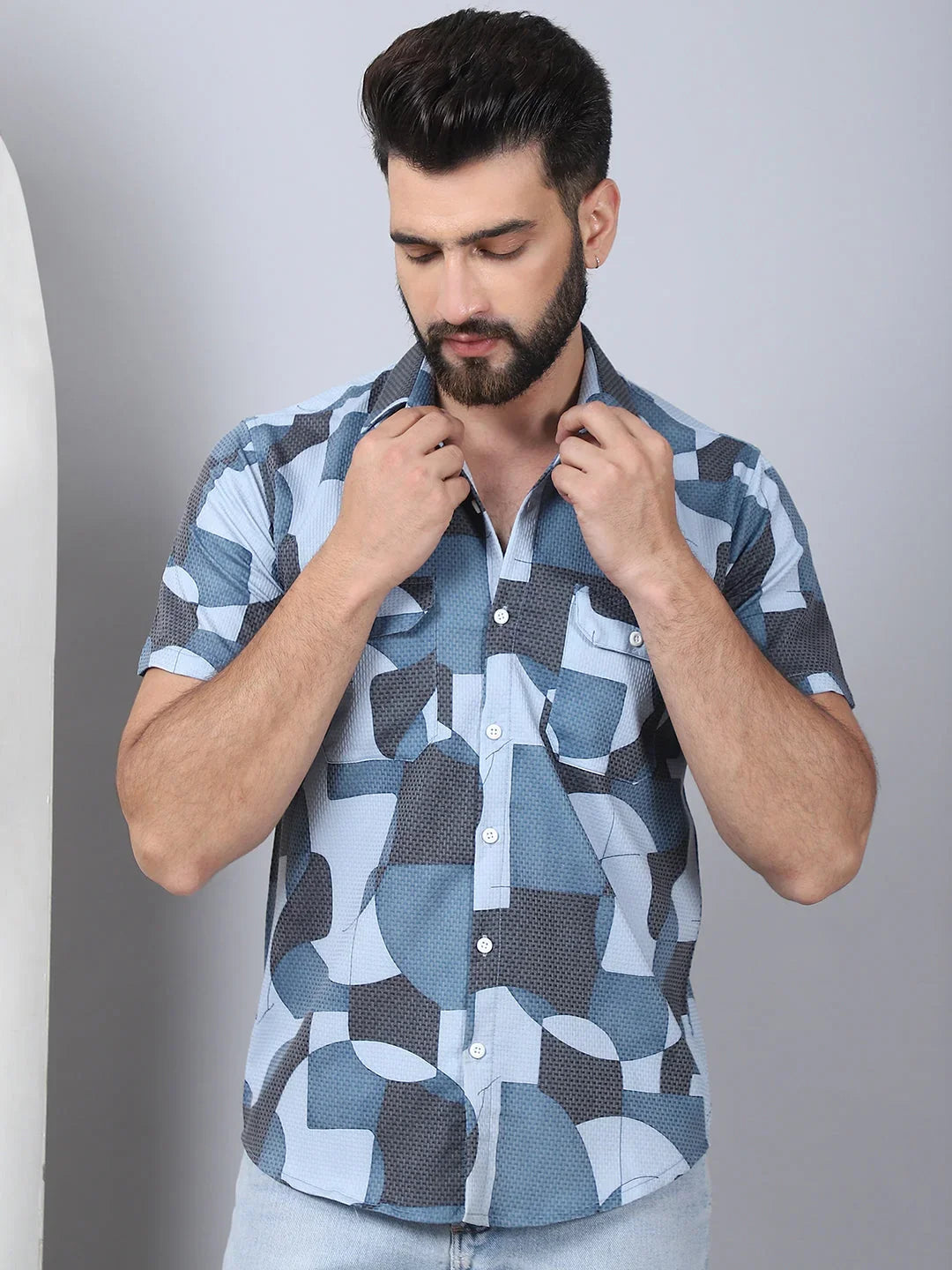 Men's Geometric Printed Cotton Casual Shirt-SF-961Grey