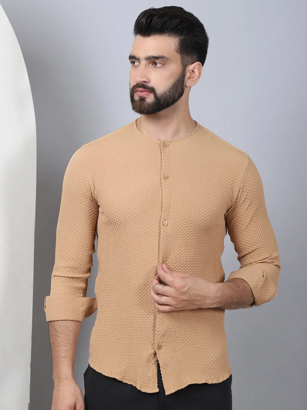 Self Design Cotton Blend Casual Shirt for Men-SF-963Beige