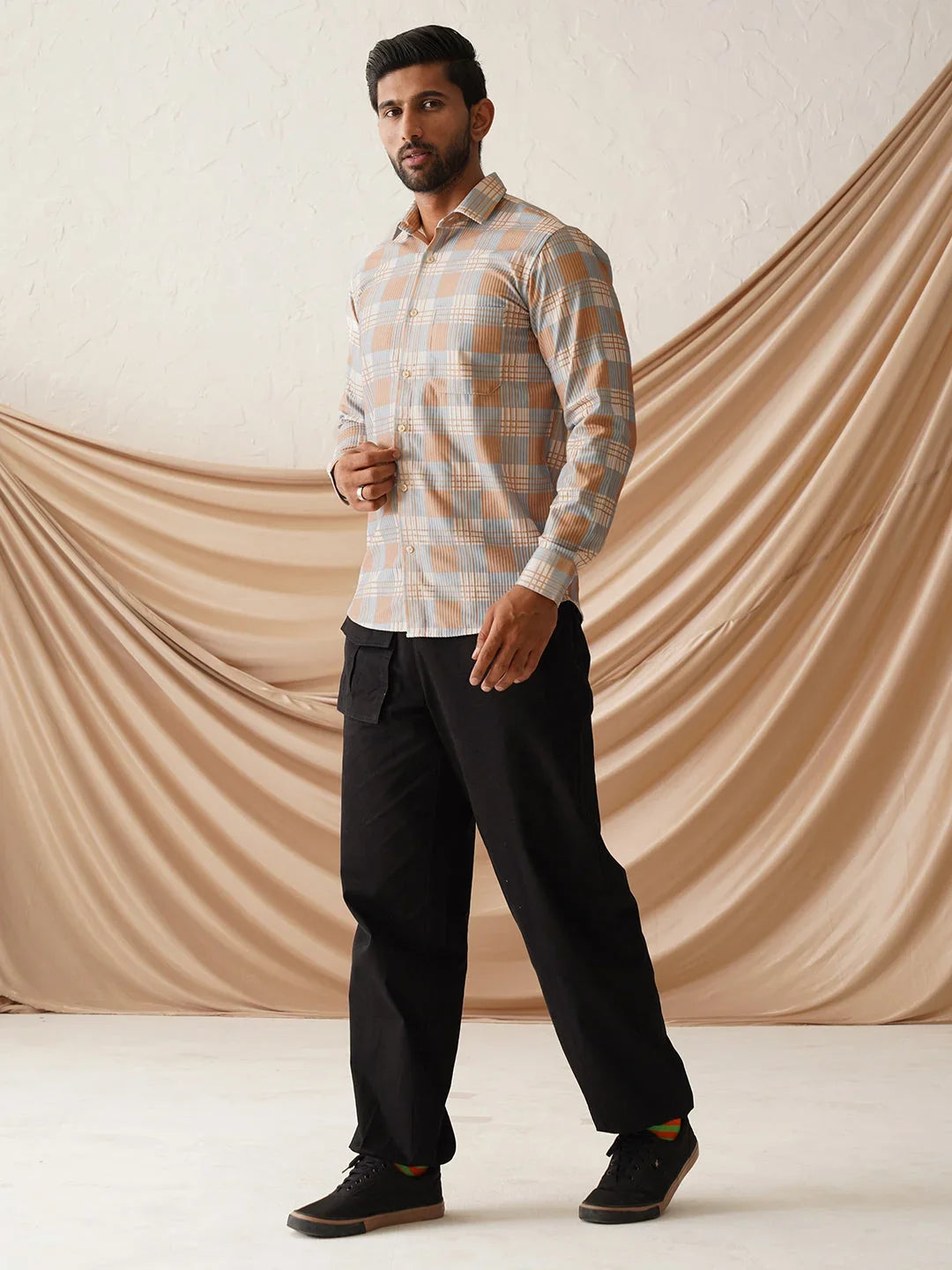 Checked Spread Collar Cotton Casual Shirt for Men-SF-968Beige