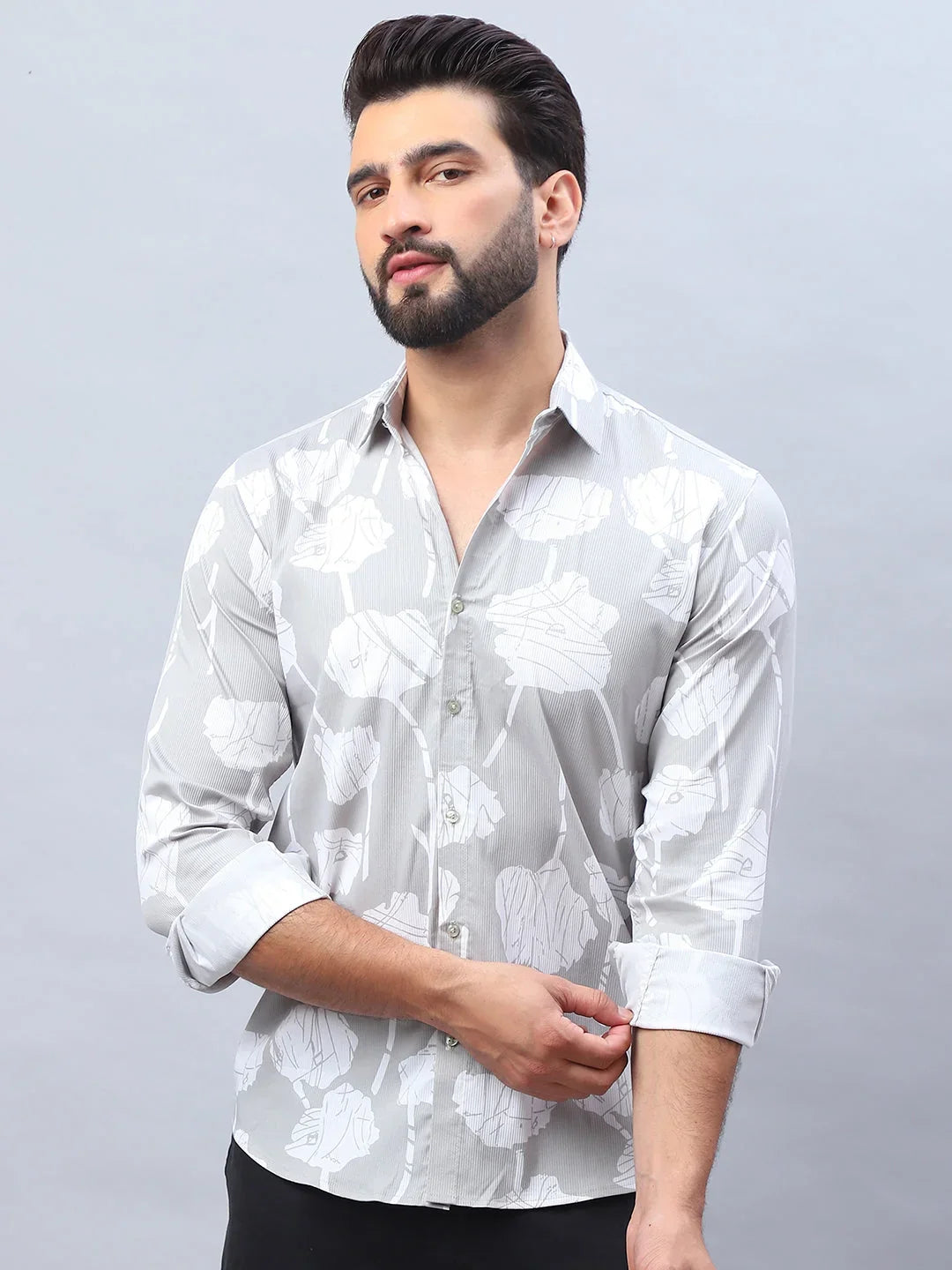 Printed Cotton Casual Shirt For Men-SF-976Grey