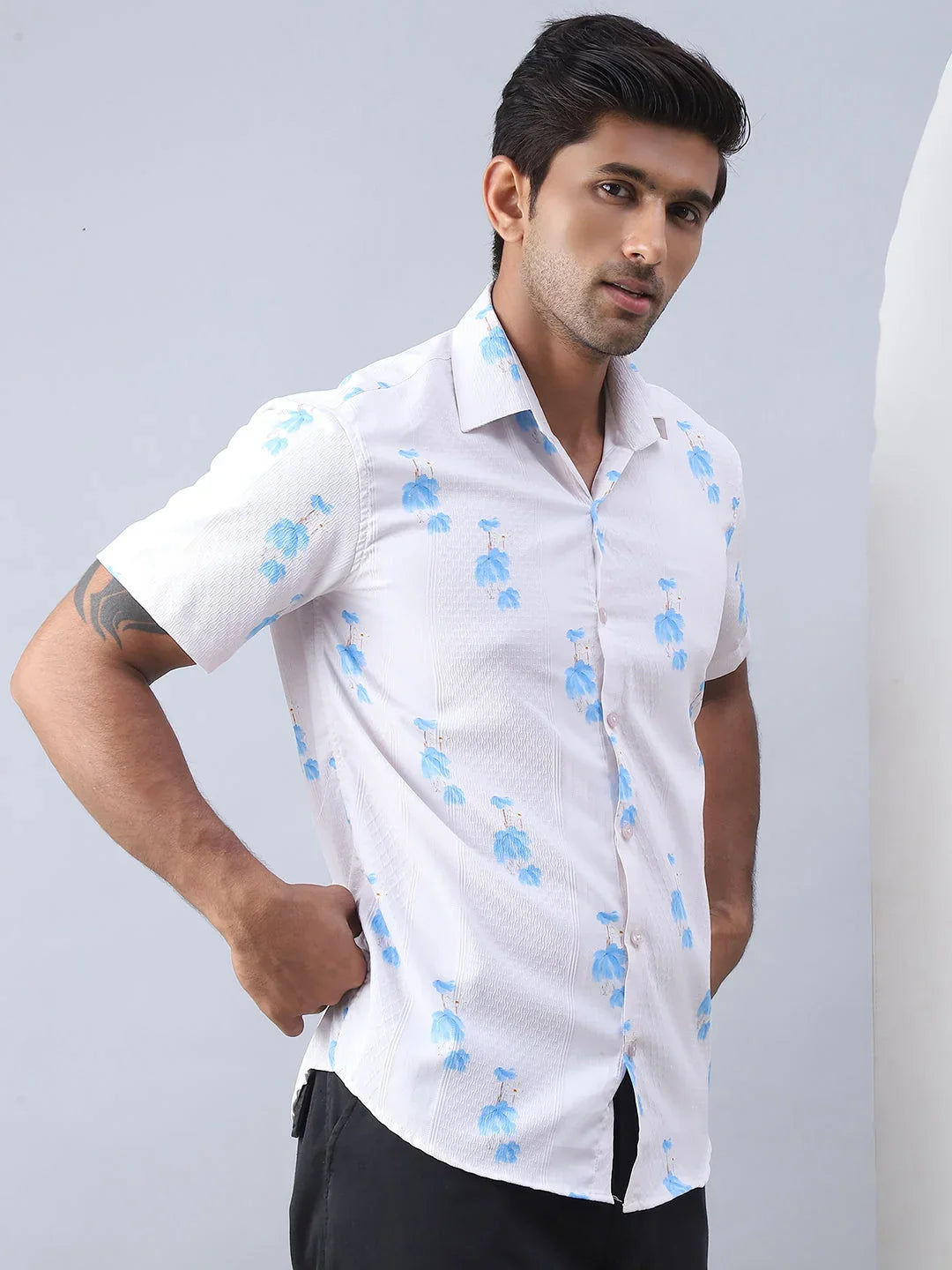 Printed Cotton Casual Shirt For Men-SF-977Cream