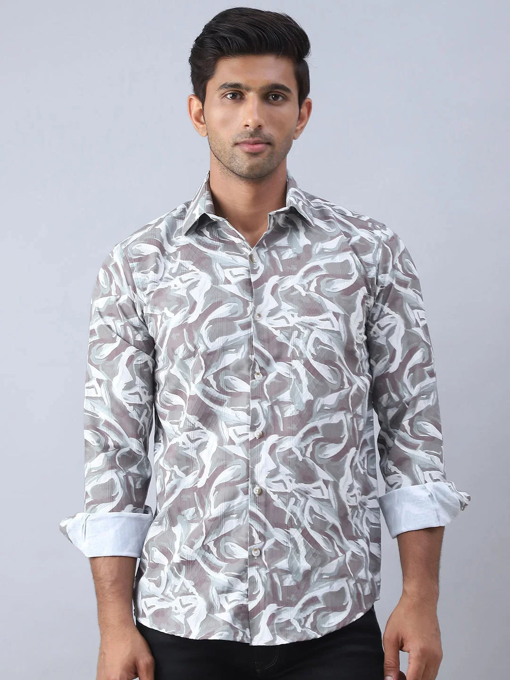 Abstract Printed Cotton Casual Shirt For Men-SF-979Brown