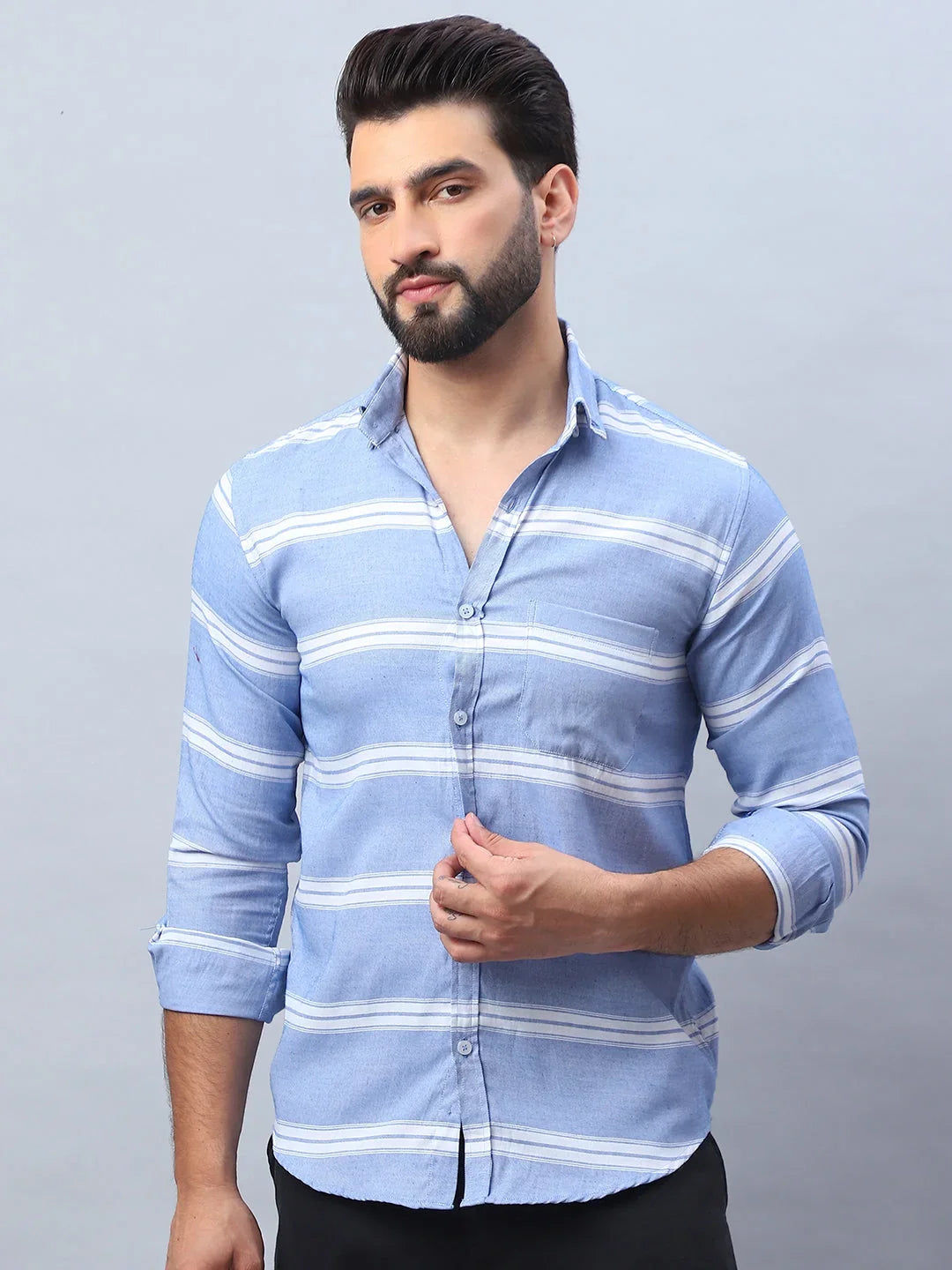 Striped Cotton Casual Shirt For Men-SF-985Blue