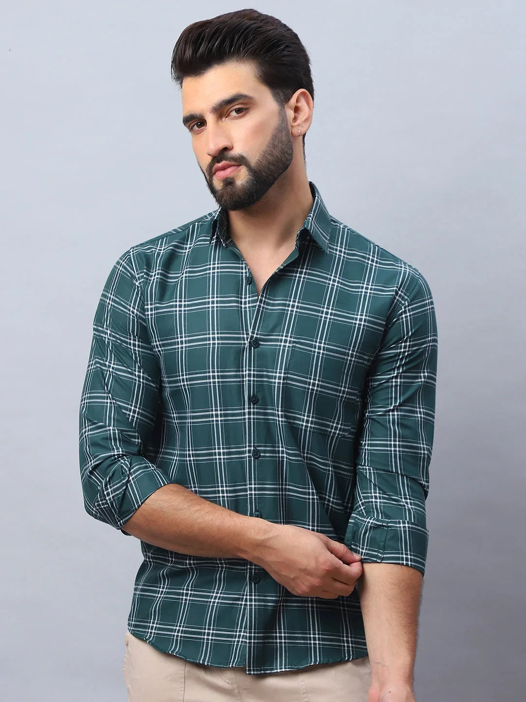 Checked Pure Cotton Casual Shirt for Men-SF-989Green