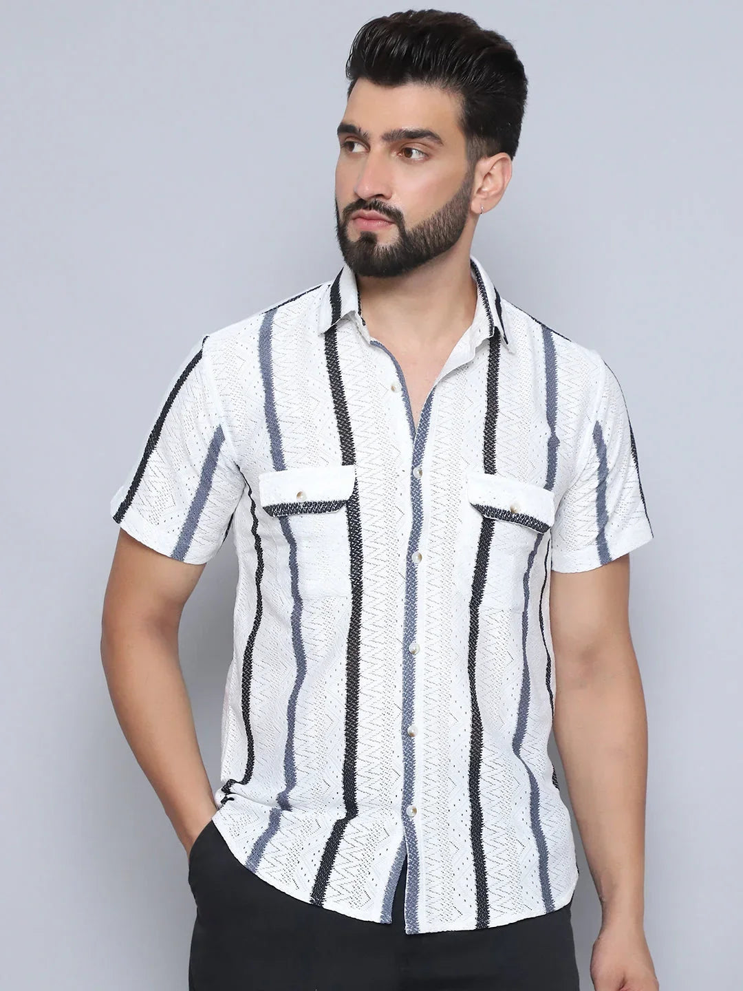 Striped Semi Sheer Casual Shirt For Men-SF-995Grey