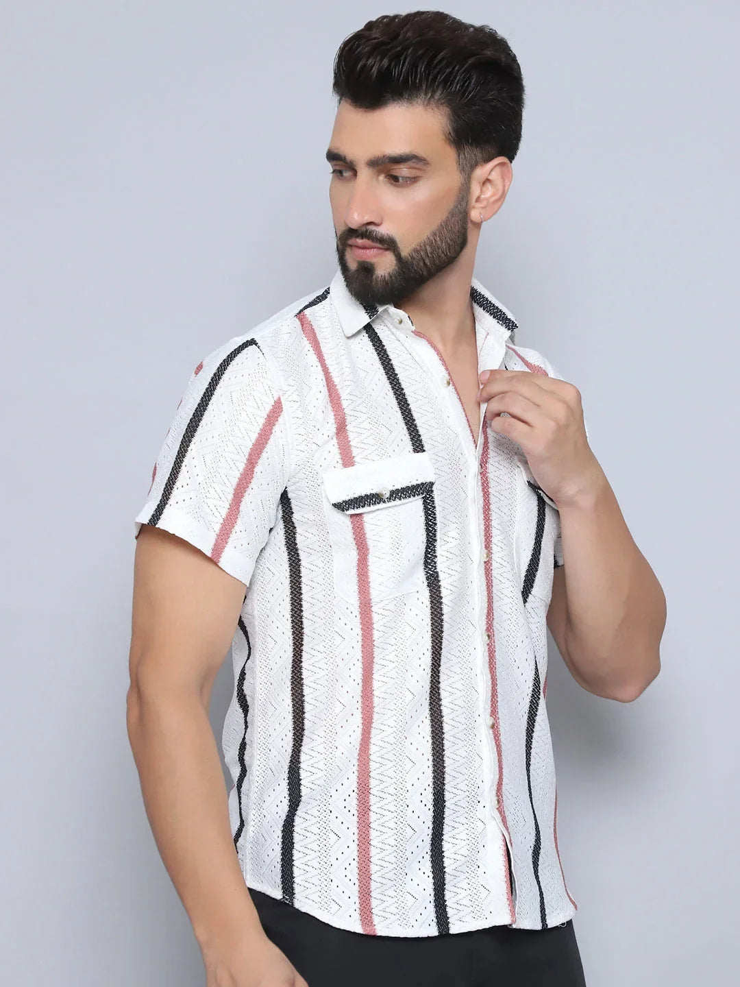 Striped Semi Sheer Casual Shirt For Men-SF-995Peach