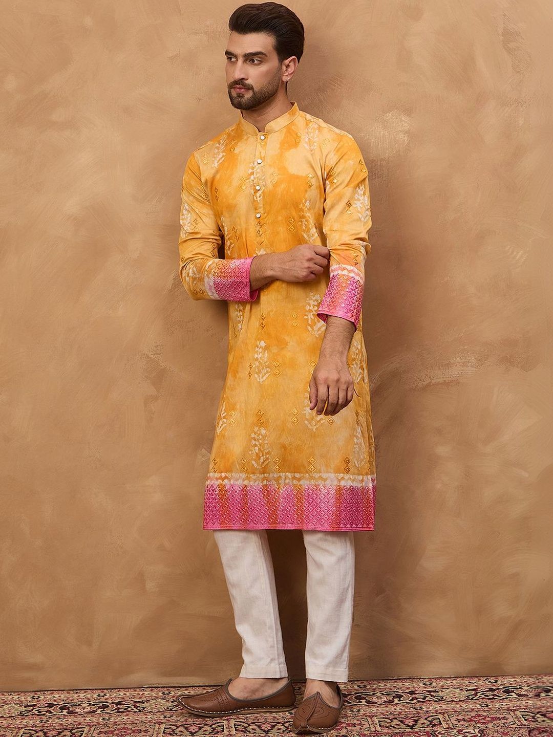 Men Yellow Silk Blend Batik Embroidered Straight Kurta With Pant Set-MKSET1513