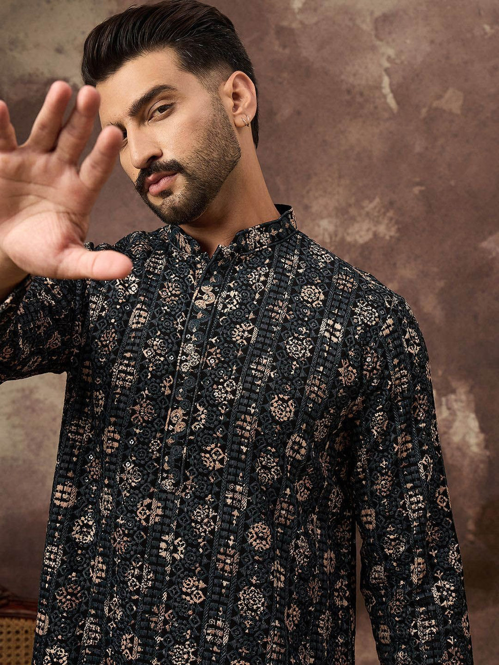 Men Black Viscose Rayon Geometric Embroidered Straight Kurta With Pant Set-MKSET1403