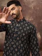 Men Black Viscose Rayon Geometric Embroidered Straight Kurta With Pant Set-MKSET1403