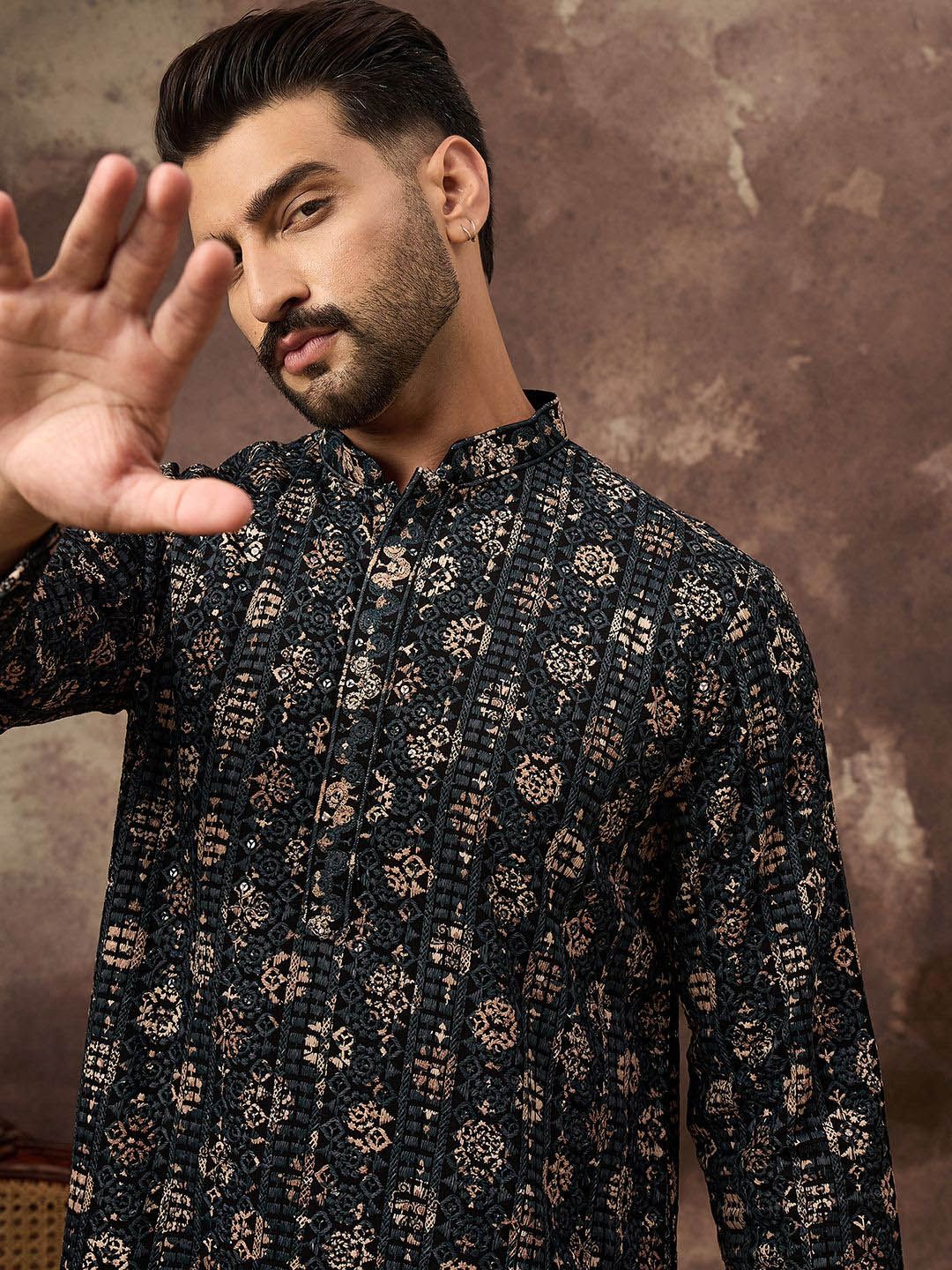 Men Black Viscose Rayon Geometric Embroidered Straight Kurta With Pant Set-MKSET1403