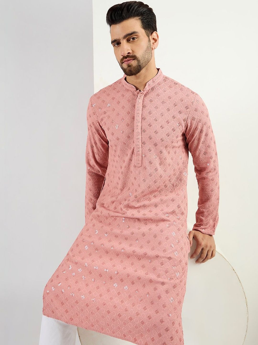 Men Pink Viscose Rayon Embroidered Straight Kurta With Pant Set-MKSET1060