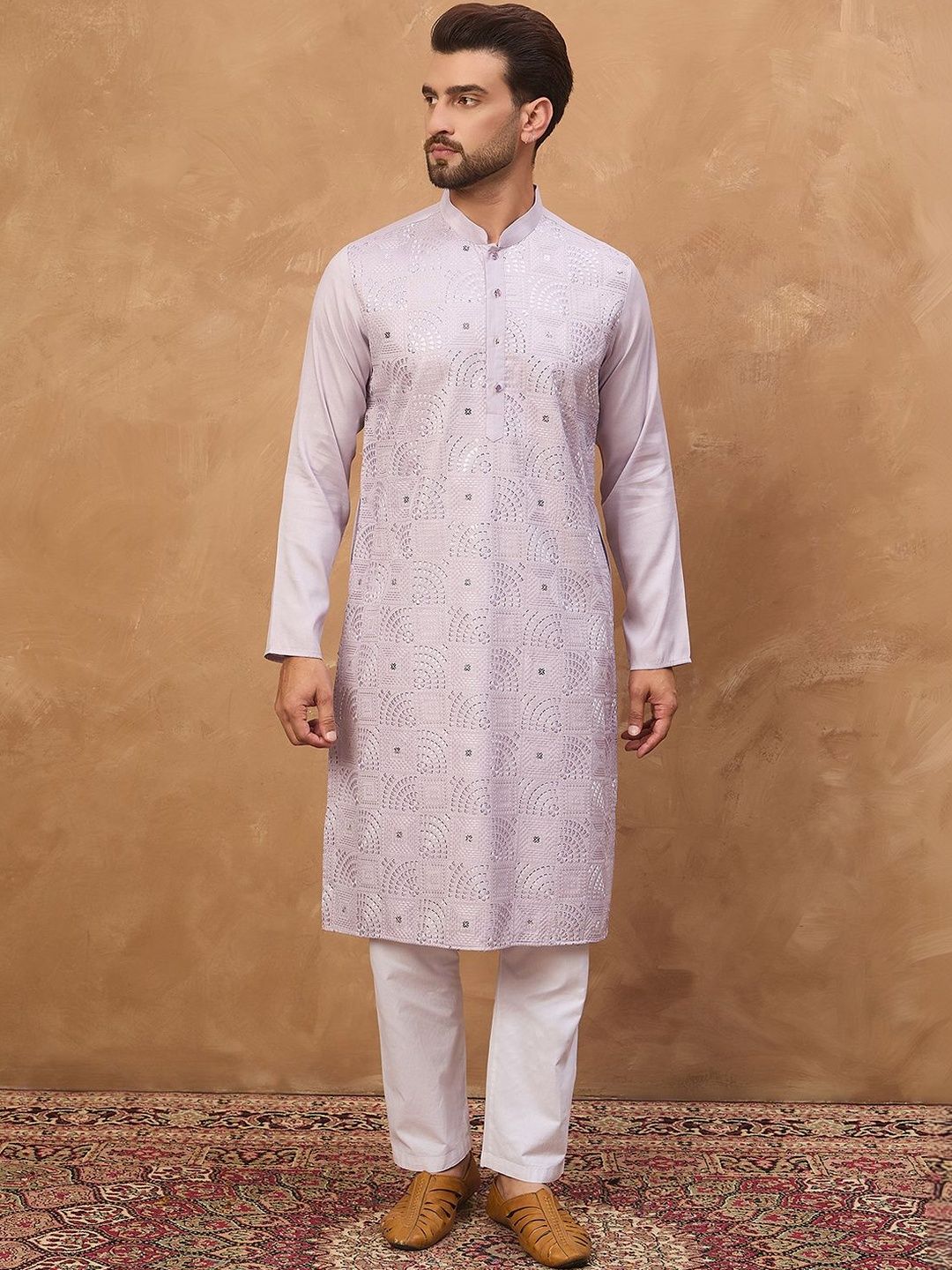 Men Lavender Silk Blend Solid Embroidered Straight Kurta With Pant Set-MKSET1443