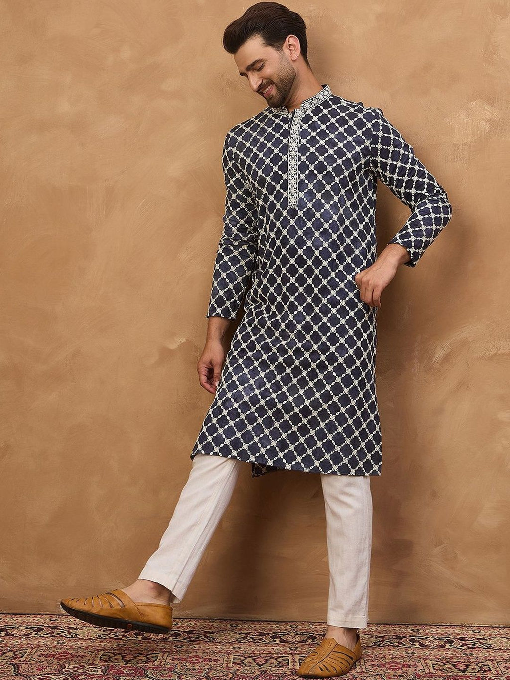 Men Blue Viscose Rayon Shibori Embroidered Straight Kurta With Pant Set-MKSET1534