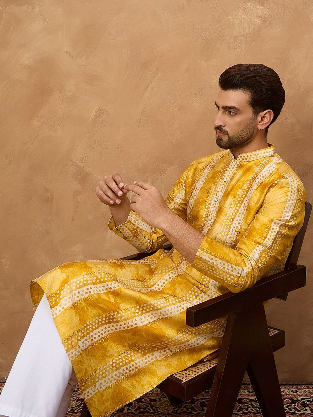 Men Yellow Silk Blend Shibori Embroidered Straight Kurta With Pant Set-MKSET1540