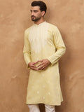 Men Yellow Silk Blend Solid Embroidered Straight Kurta With Pant Set-MKSET1509