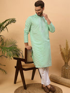 Men Blue Silk Blend Solid Embroidered Straight Kurta With Pant Set-MKSET1508