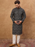 Men Black Silk Blend Geometric Printed Straight Kurta With Pant Set-MKSET1520