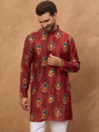 Men Red Viscose Rayon Ethnic Motifs Printed Straight Kurta With Pant Set-MKSET1544