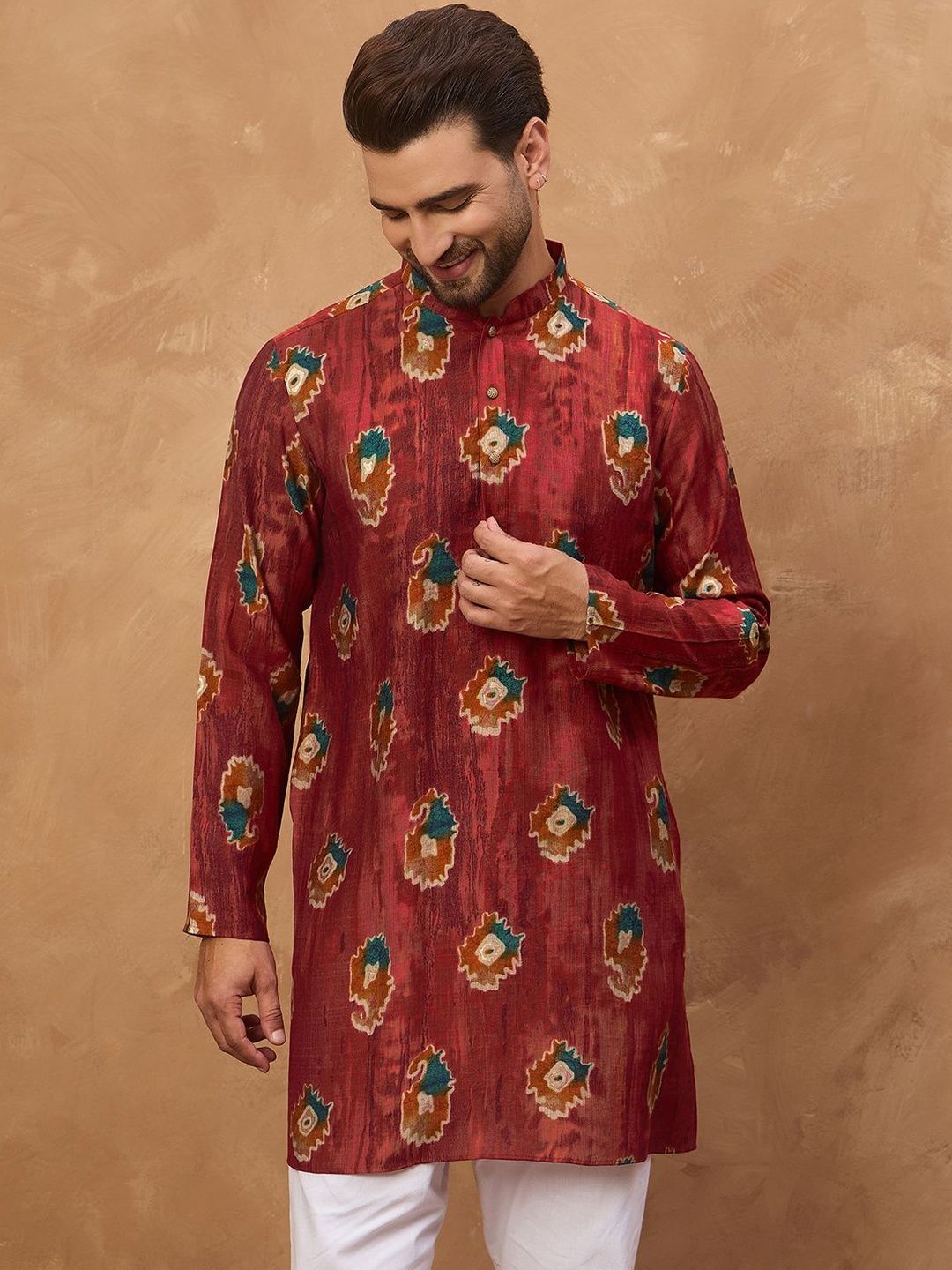 Men Red Viscose Rayon Ethnic Motifs Printed Straight Kurta With Pant Set-MKSET1544