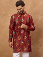 Men Red Viscose Rayon Ethnic Motifs Printed Straight Kurta With Pant Set-MKSET1544