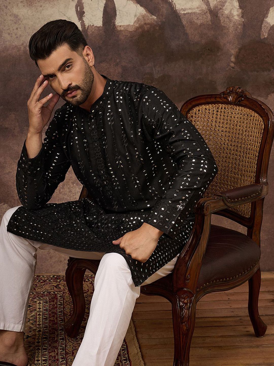 Men Black Silk Blend Solid Embroidered Straight Kurta With Pant Set-MKSET1360