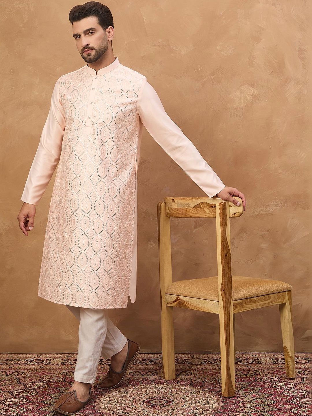 Men Peach Silk Blend Solid Embroidered Straight Kurta With Pant Set-MKSET1431