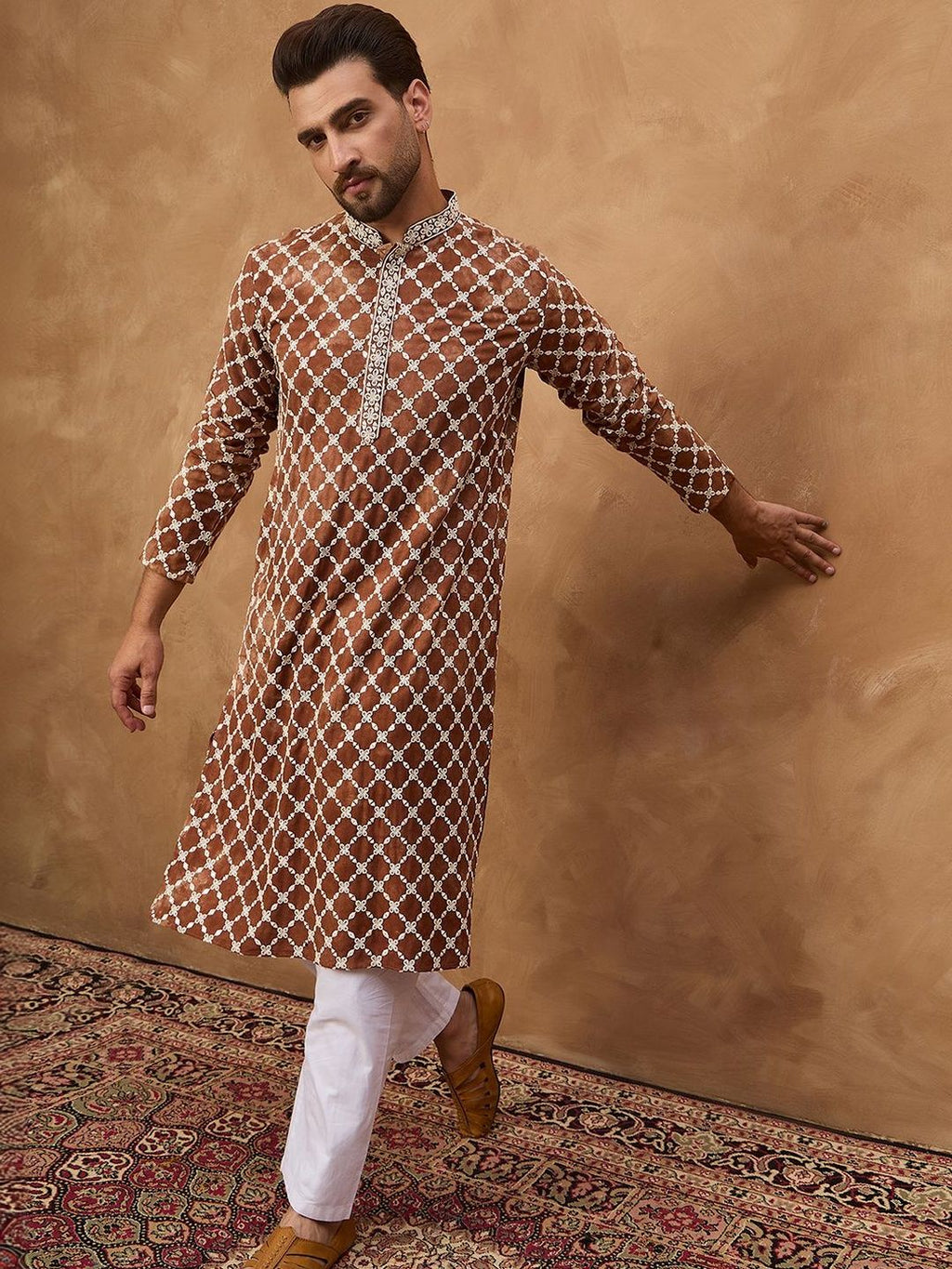 Men Brown Viscose Rayon Solid Embroidered Straight Kurta With Pant Set-MKSET1535