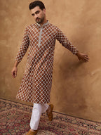 Men Brown Viscose Rayon Solid Embroidered Straight Kurta With Pant Set-MKSET1535