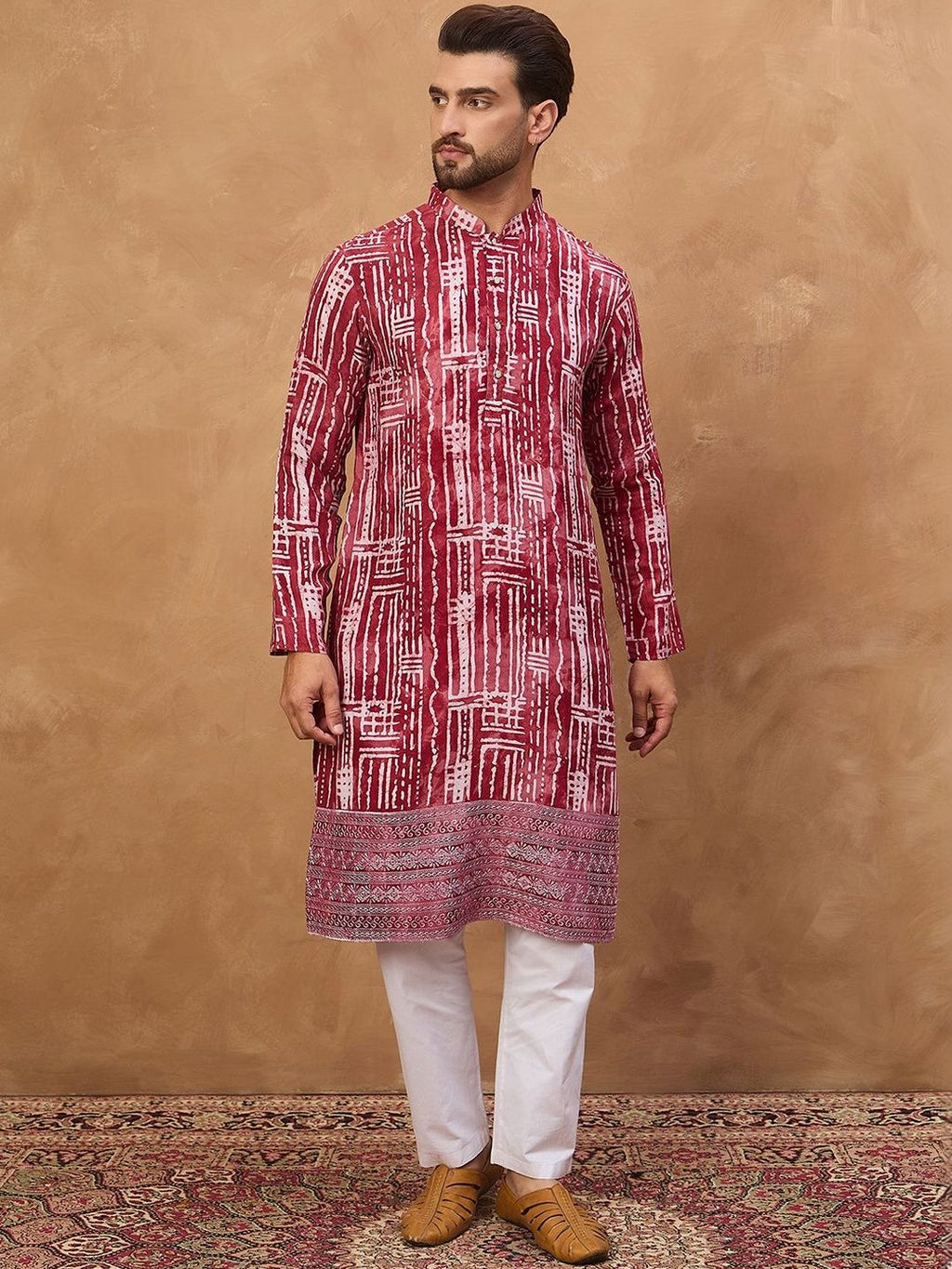 Men Red Viscose Rayon Batik Embroidered Straight Kurta With Pant Set-MKSET1499