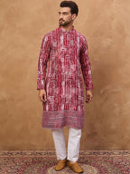 Men Red Viscose Rayon Batik Embroidered Straight Kurta With Pant Set-MKSET1499