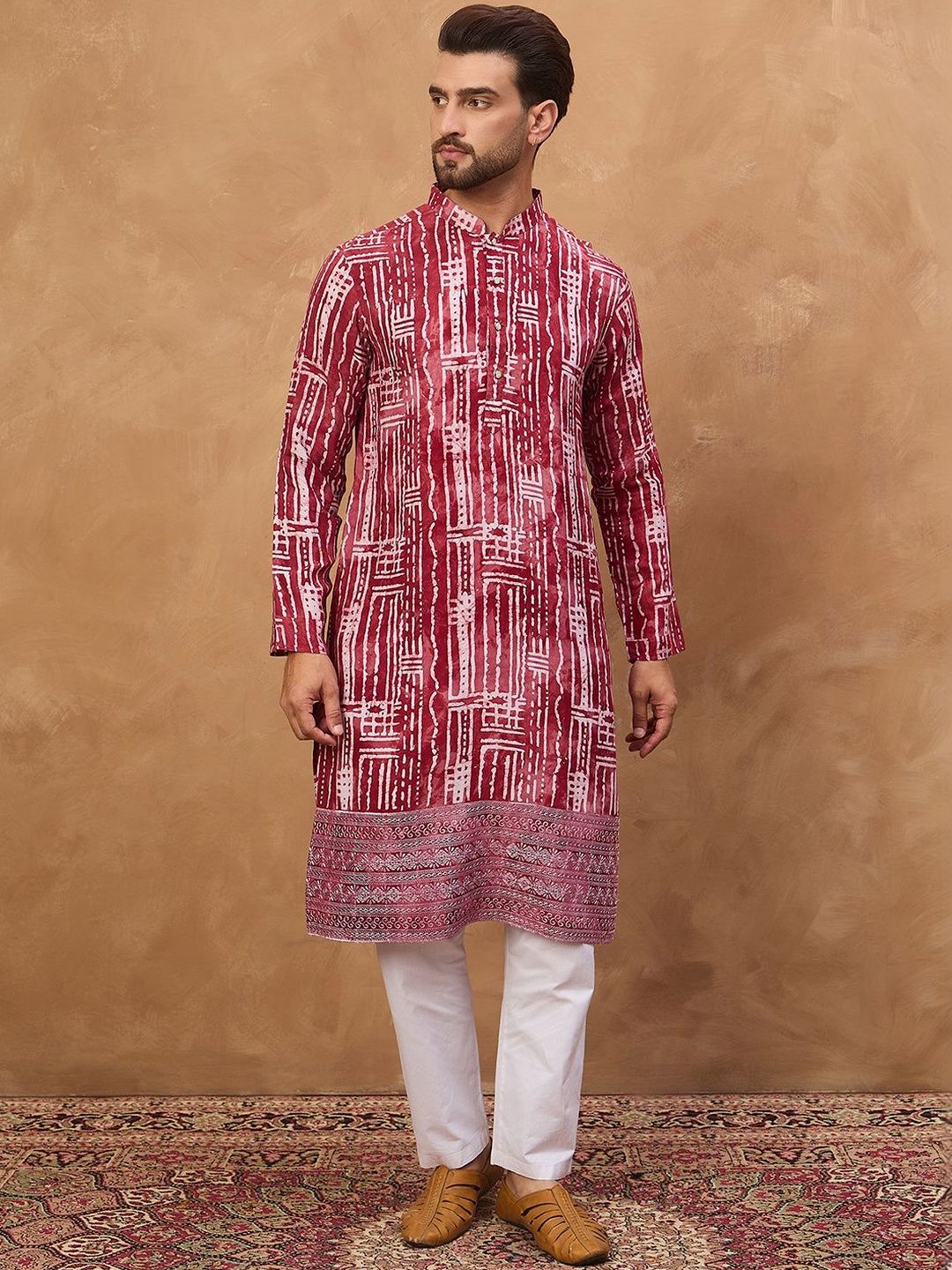 Men Red Viscose Rayon Batik Embroidered Straight Kurta With Pant Set-MKSET1499