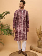 Men Burgundy Silk Blend Shibori Embroidered Straight Kurta With Pant Set-MKSET1537