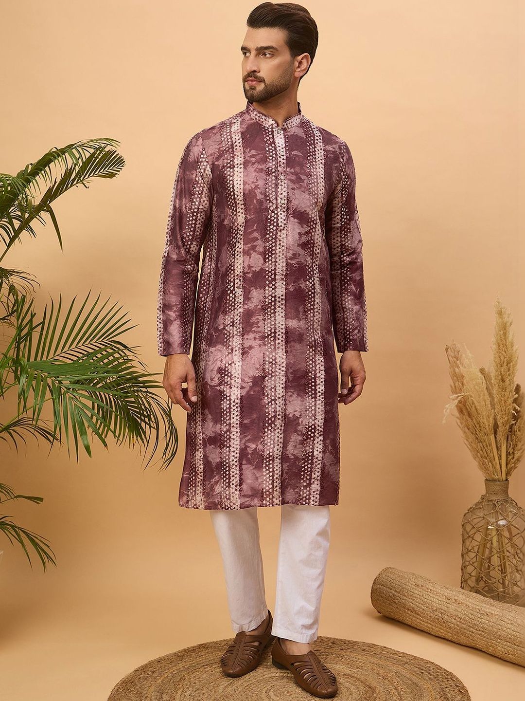 Men Burgundy Silk Blend Shibori Embroidered Straight Kurta With Pant Set-MKSET1537