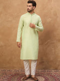 Men Green Silk Blend Solid Embroidered Straight Kurta With Pant Set-MKSET1451