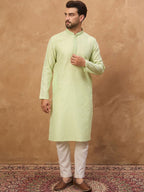 Men Green Silk Blend Solid Embroidered Straight Kurta With Pant Set-MKSET1451
