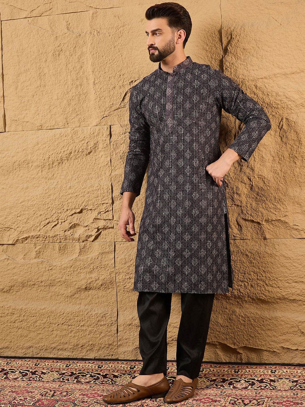 Mens Grey Viscose Rayon Ethnic Motifs Embroidered Chikankari Straight Kurta With Pant Set-MKSET1165