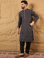 Mens Grey Viscose Rayon Ethnic Motifs Embroidered Chikankari Straight Kurta With Pant Set-MKSET1165