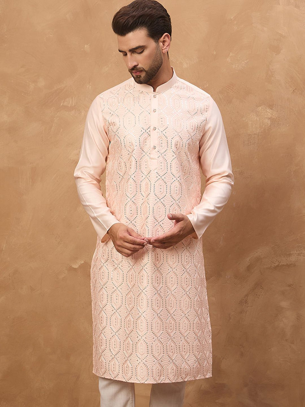 Men Peach Silk Blend Solid Embroidered Straight Kurta With Pant Set-MKSET1431