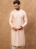 Men Peach Silk Blend Solid Embroidered Straight Kurta With Pant Set-MKSET1431