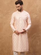 Men Peach Silk Blend Solid Embroidered Straight Kurta With Pant Set-MKSET1431