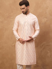 Men Peach Silk Blend Solid Embroidered Straight Kurta With Pant Set-MKSET1431