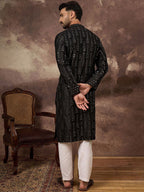 Men Black Silk Blend Solid Embroidered Straight Kurta With Pant Set-MKSET1360