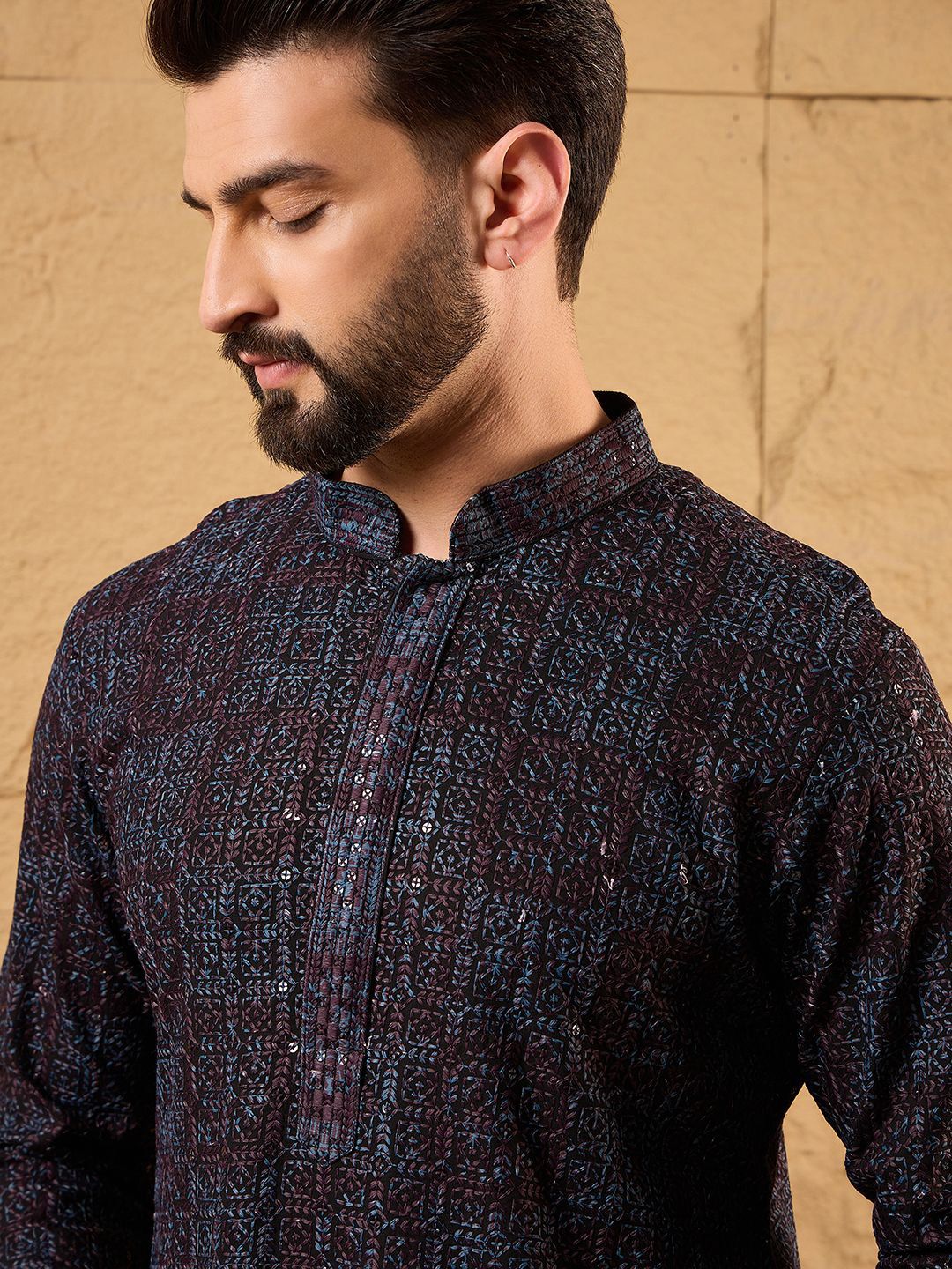 Mens Black Viscose Rayon Geometric Embroidered Chikankari Straight Kurta With Pant Set-MKSET1166